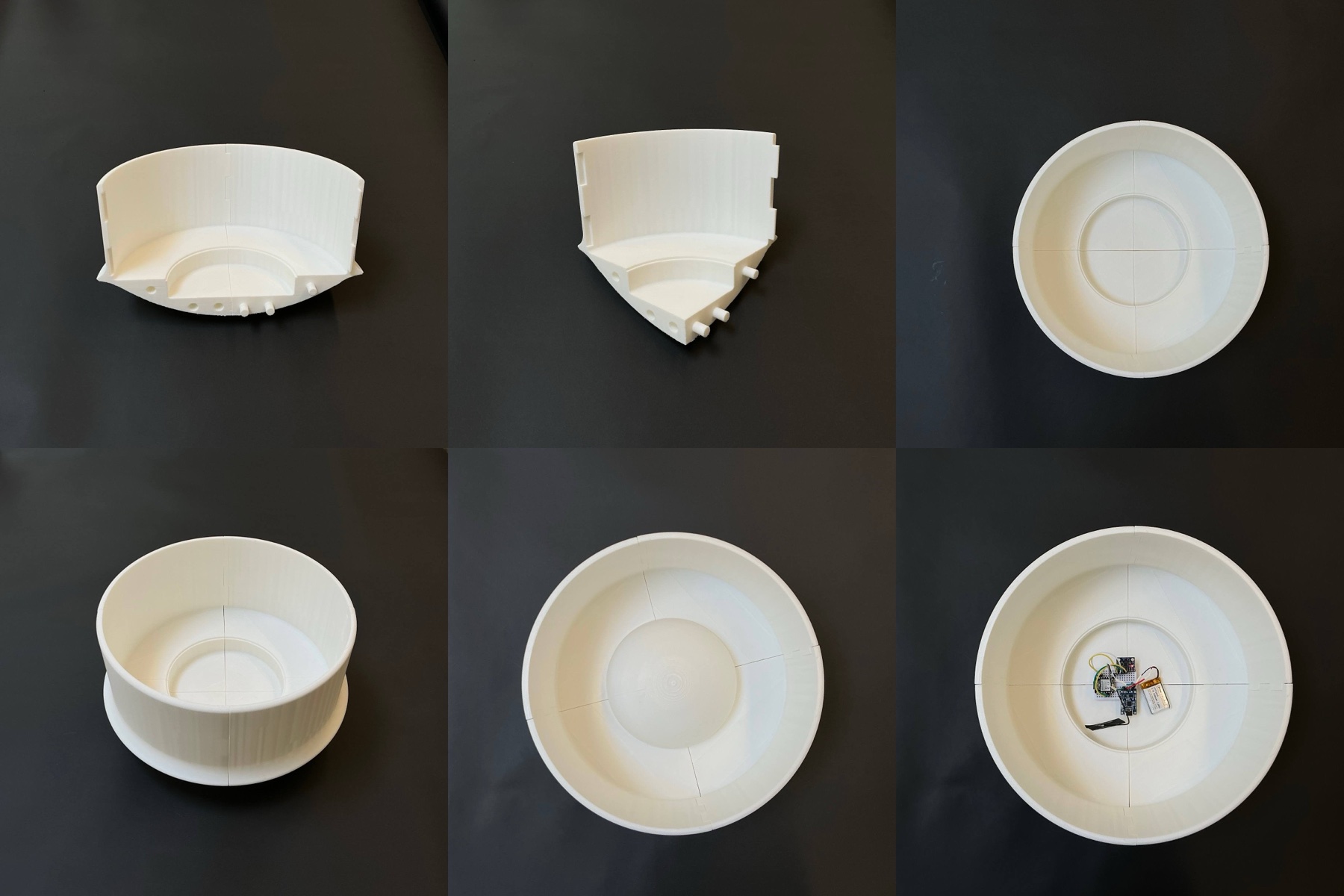 Bu Dao Weng 3D-printed shell assembly: individual curved segments, the joined inner and outer rings, and the base with the sound and motion electronics mounted inside.
